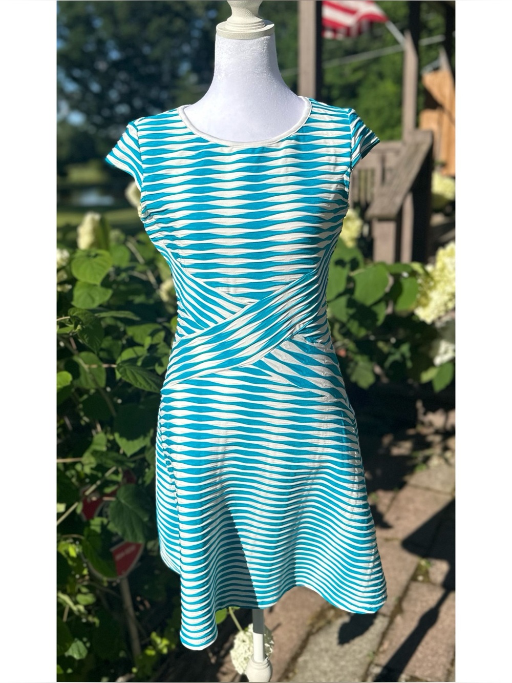 New York & Company Turquoise and White Striped Fit & Flare Midi Dress